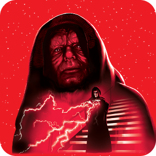 Empereur Palpatine lançant des éclairs de Force avec ses mains, debout en haut d’un escalier.