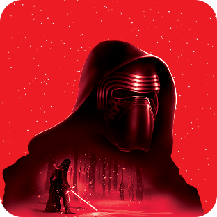 Kylo Ren tenant un sabre laser rouge allumé, sur un fond rouge étoilé, avec sa silhouette en contrebas.
