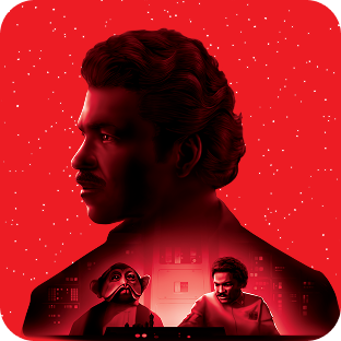 Lando Calrissian, avec en surimpression une scène montrant Lobot et Lando dans une salle de contrôle à la Cité des Nuages, sur fond rouge étoilé.