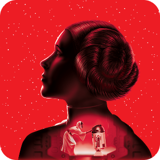 Princesse Leia en robe blanche, avec en surimpression une scène d’elle et R2-D2, sur fond rouge étoilé.