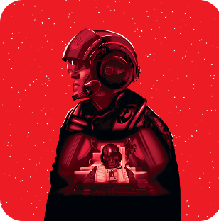 Poe Dameron en tenue de pilote de la Résistance, sur fond rouge étoilé.