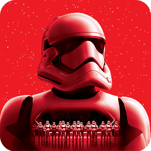 Stormtrooper du Premier Ordre en armure blanche, avec en surimpression une rangée de stormtroopers alignés, sur fond rouge étoilé.