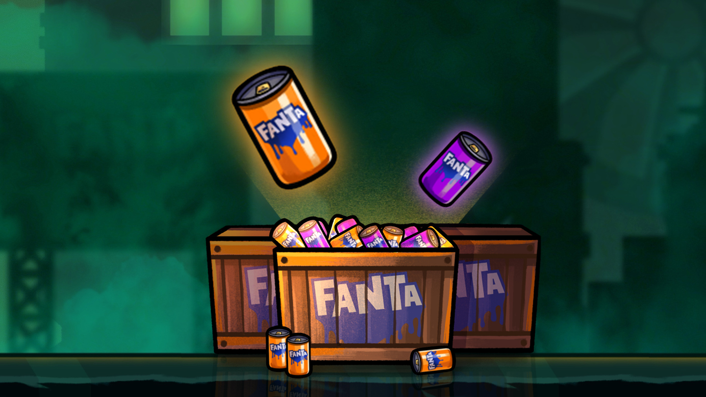 Fanta cans in a crate in video game style