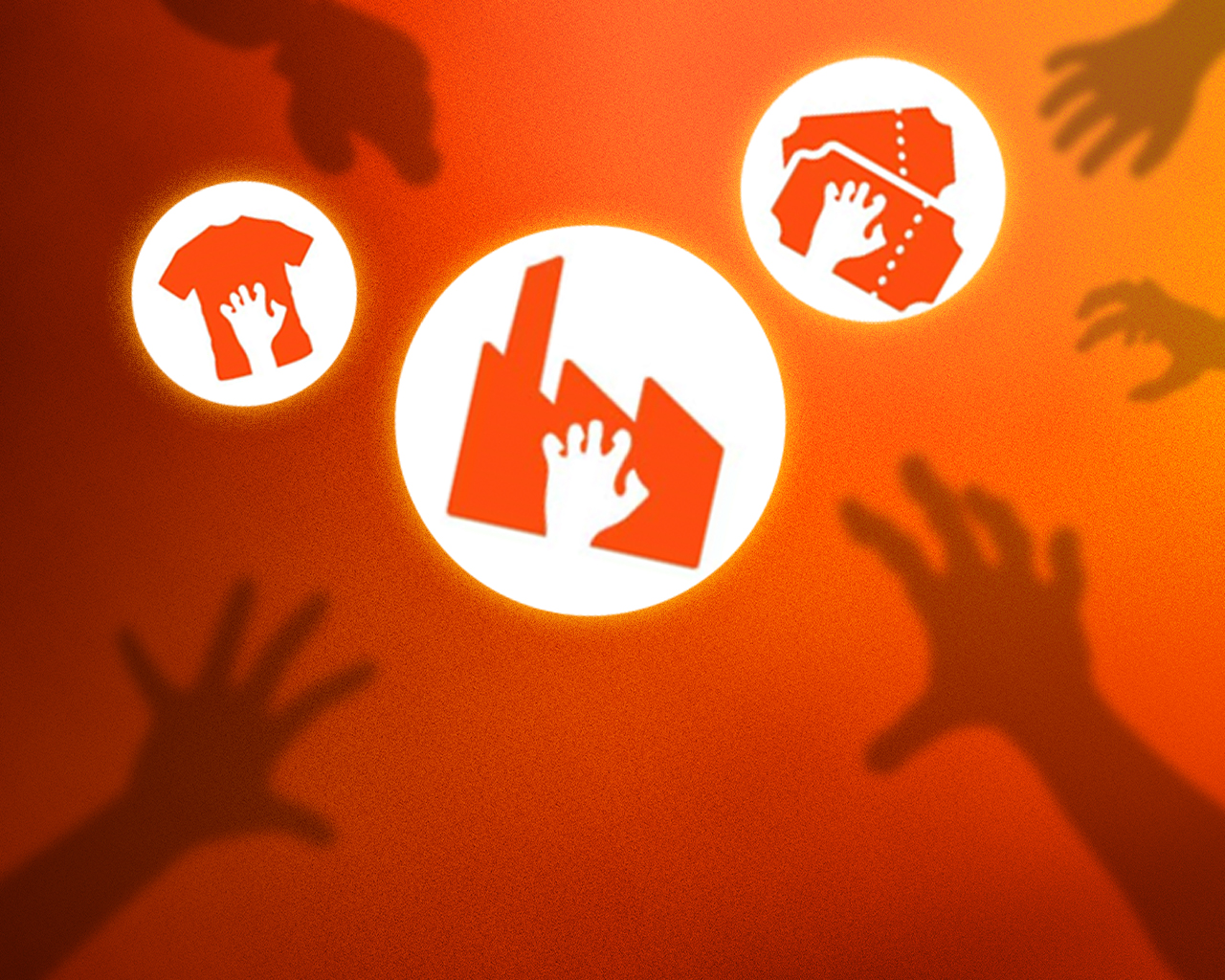 Een afbeelding met een oranje achtergrond waarop silhouetten van reikende handen zichtbaar zijn. Centraal in de afbeelding is een wit icoon van een hand geplaatst in een cirkel met een afbeelding van een fabriek. Links en rechts ervan bevinden zich kleinere cirkels, de linker toont een T-shirt en de rechter toegangstickets