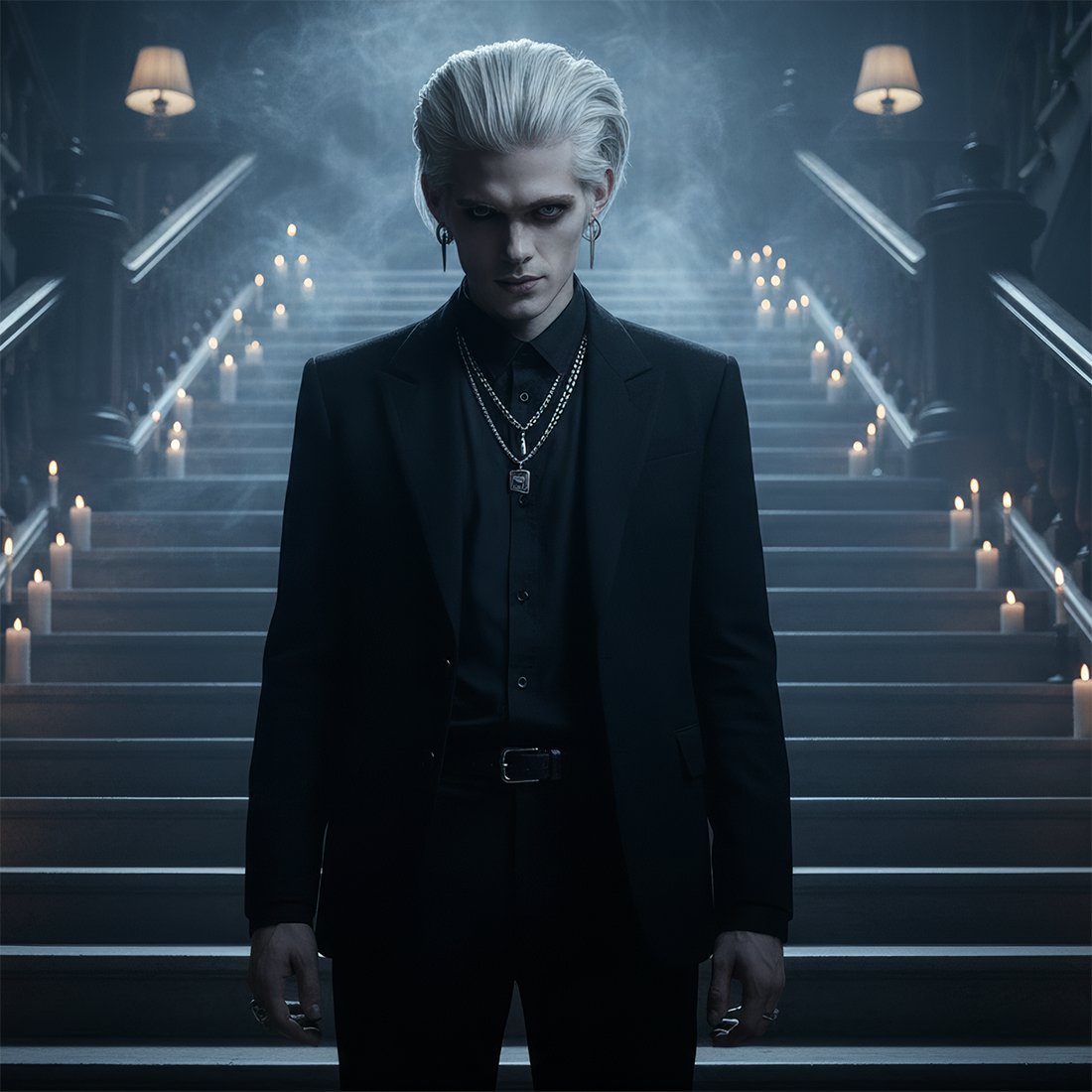 Het personage Prince of Vampires staat centraal in een donkere, stijlvolle Halloween-omgeving met een mysterieuze sfeer.