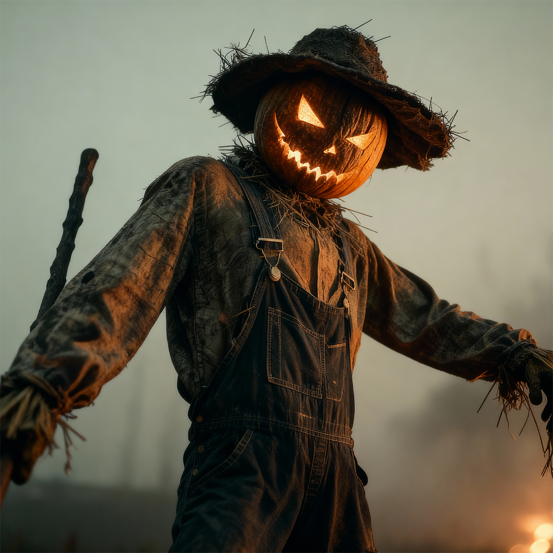 Het personage Haystacks staat in een griezelige oogstomgeving met Halloween-sfeer.