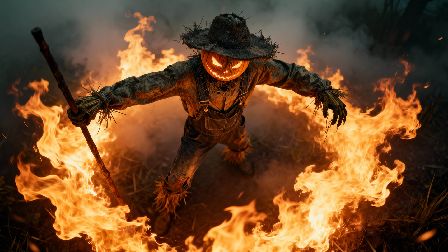 Het personage Halloween Harvester staat in een griezelige omgeving met oogstthema en Halloween-sfeer.