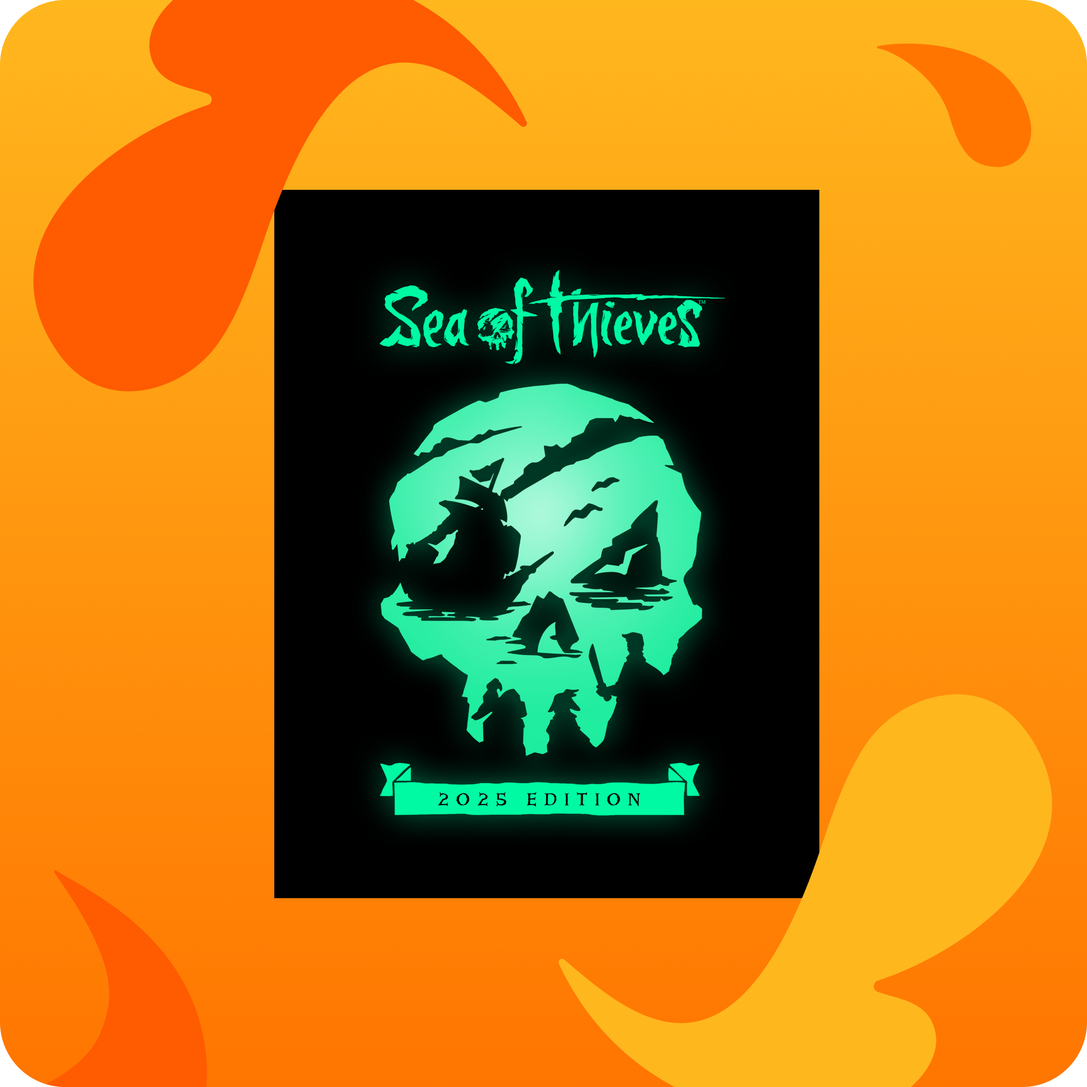 Sea of Thieves Game Code na modrem ozadju z oranžnimi vzorci.