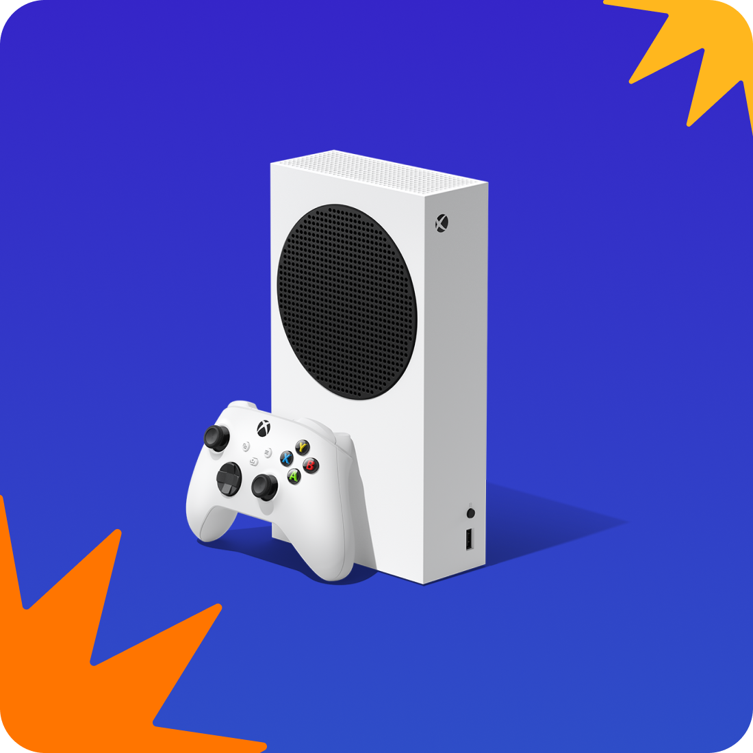 Un pack console Xbox Series S avec une manette de jeu Xbox sans fil sur un fond bleu avec des motifs orange