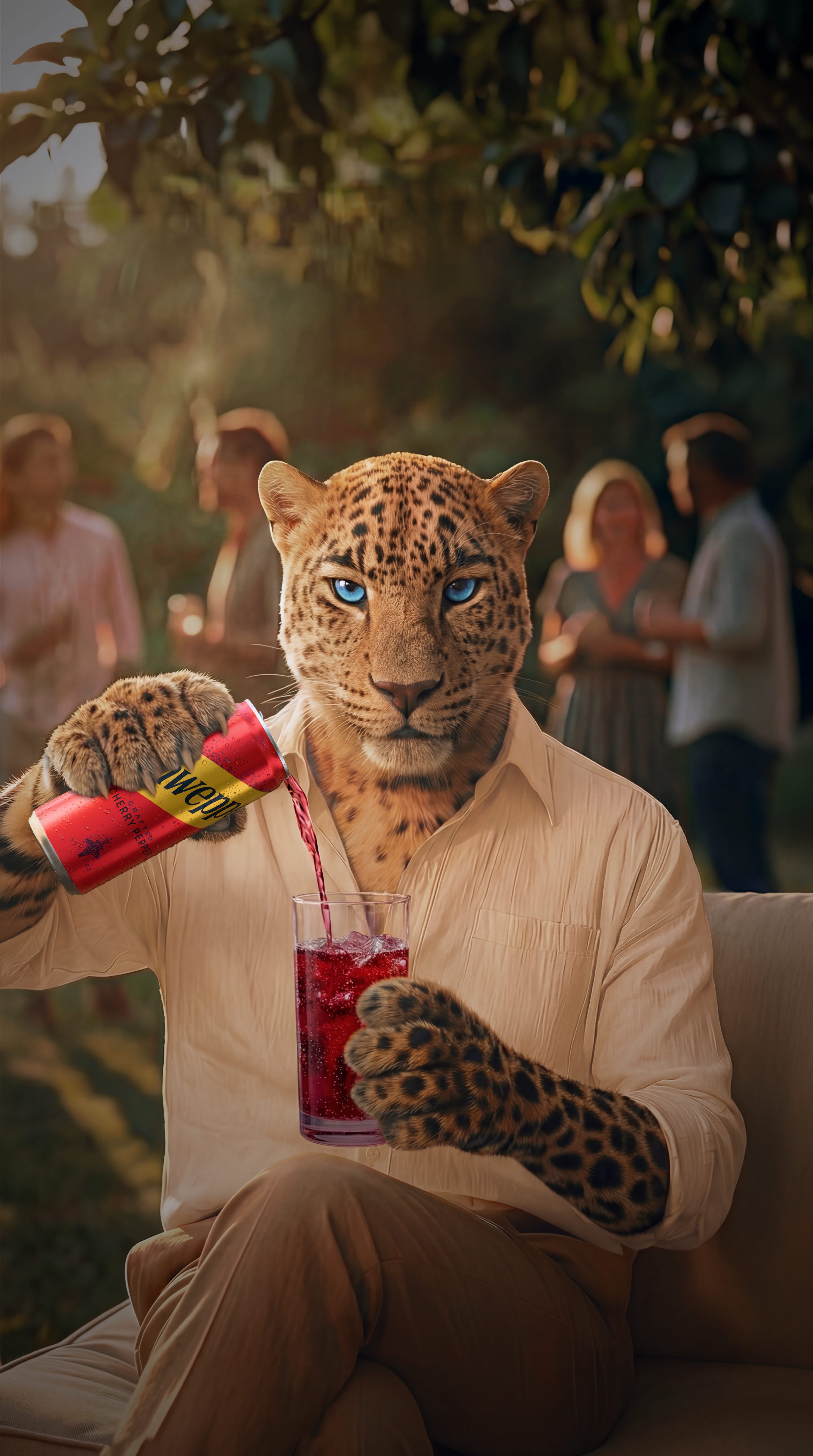 Leopard facing the camera, sat crossed leg, pouring a can of Schweppes Crafted Cherry Pepper into a glass with ice. Outside setting, with people socialising in the background.