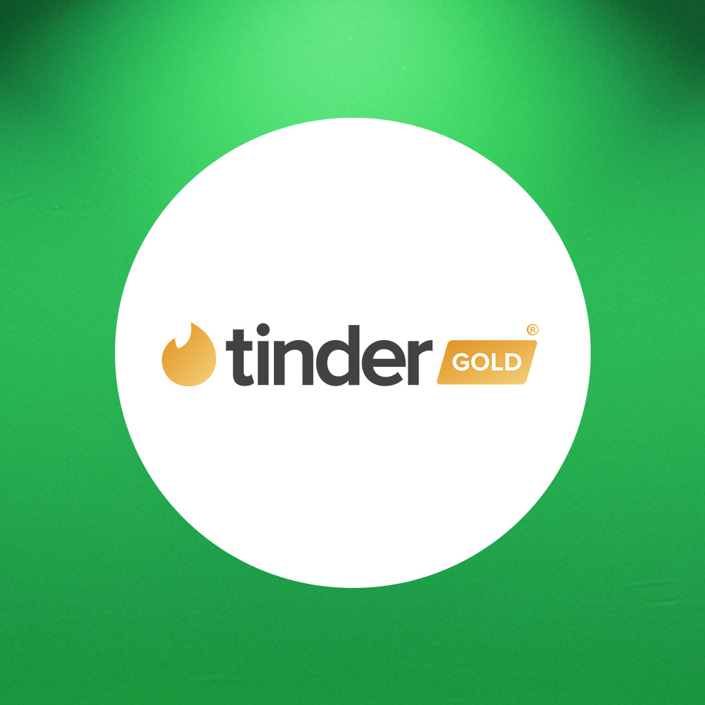Wit rond vlak met het Tinder Gold‑logo in het midden tegen een groene achtergrond.
