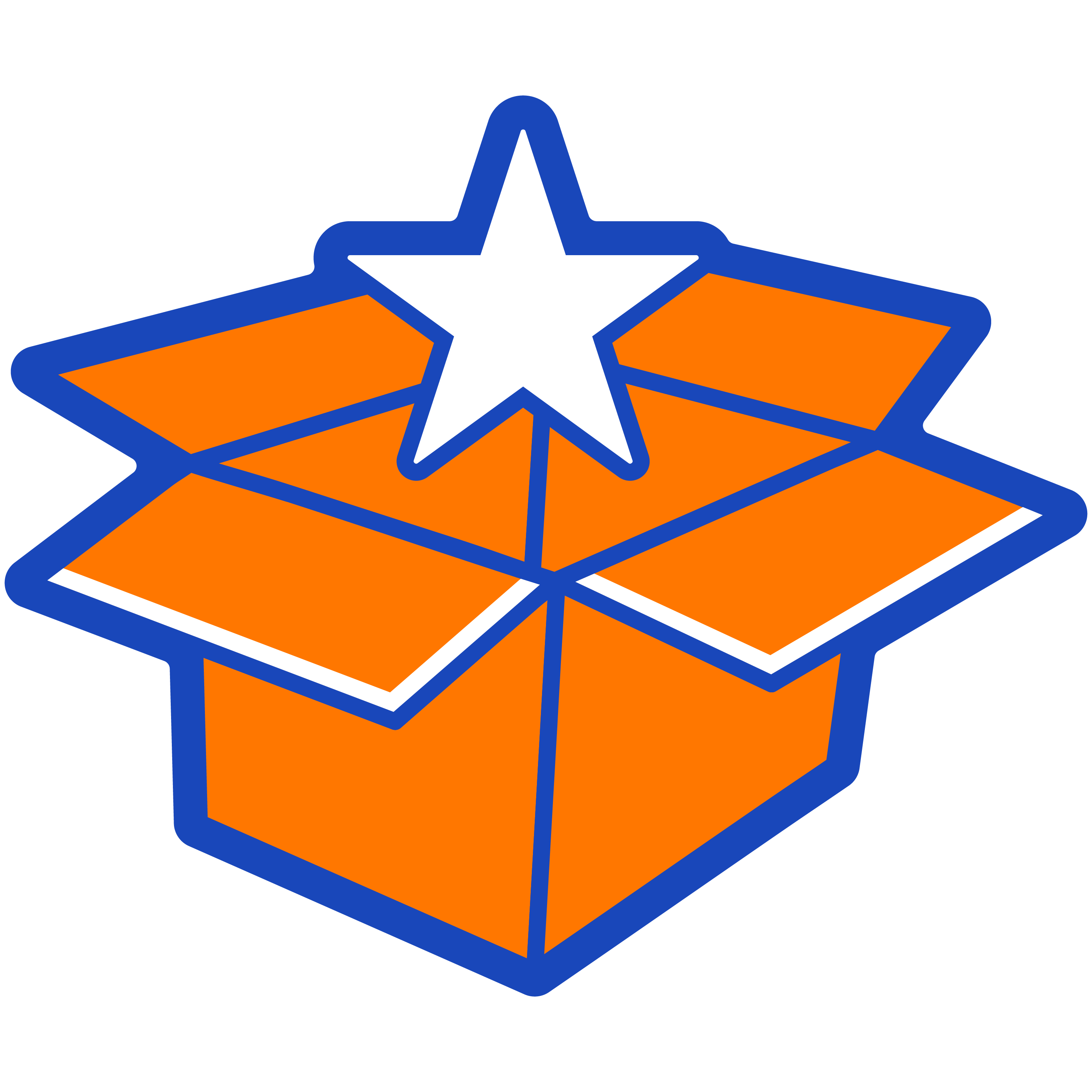 An open orange gift box with a star in the centre.