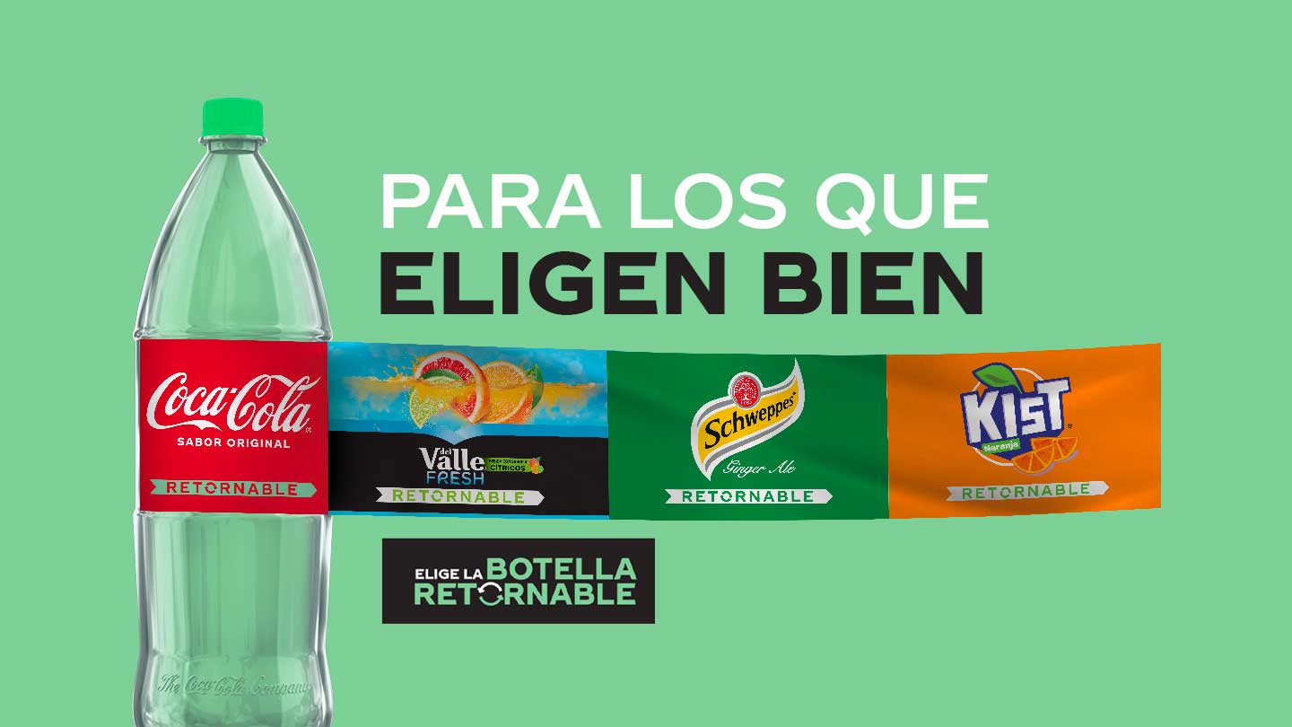 Botella de Coca-Cola Retornable y etiquetas de varias marcas: del Valle Fresh Retornable, Schweppes Ginger Ale Retornable, Kist Naranja Retornable. Slogan: Para los que eligen bien.