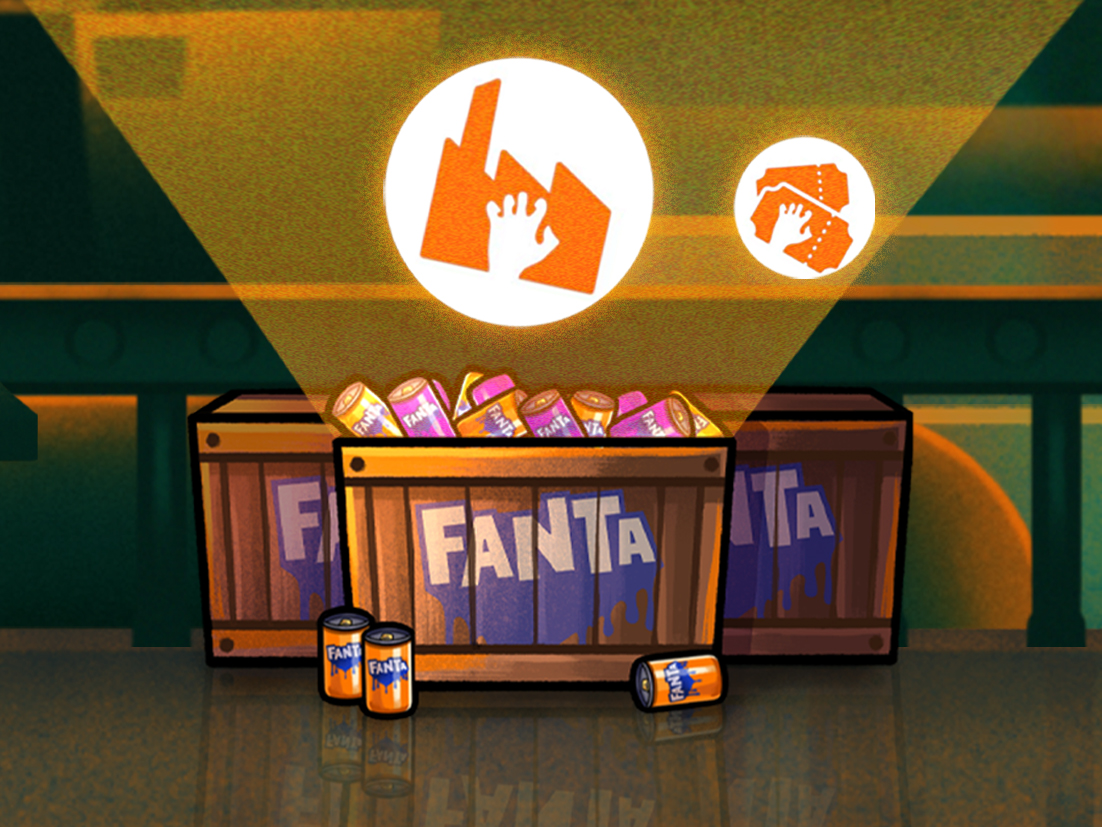 wooden Fanta branded rack full with Fanta cans and prizes coming out of it