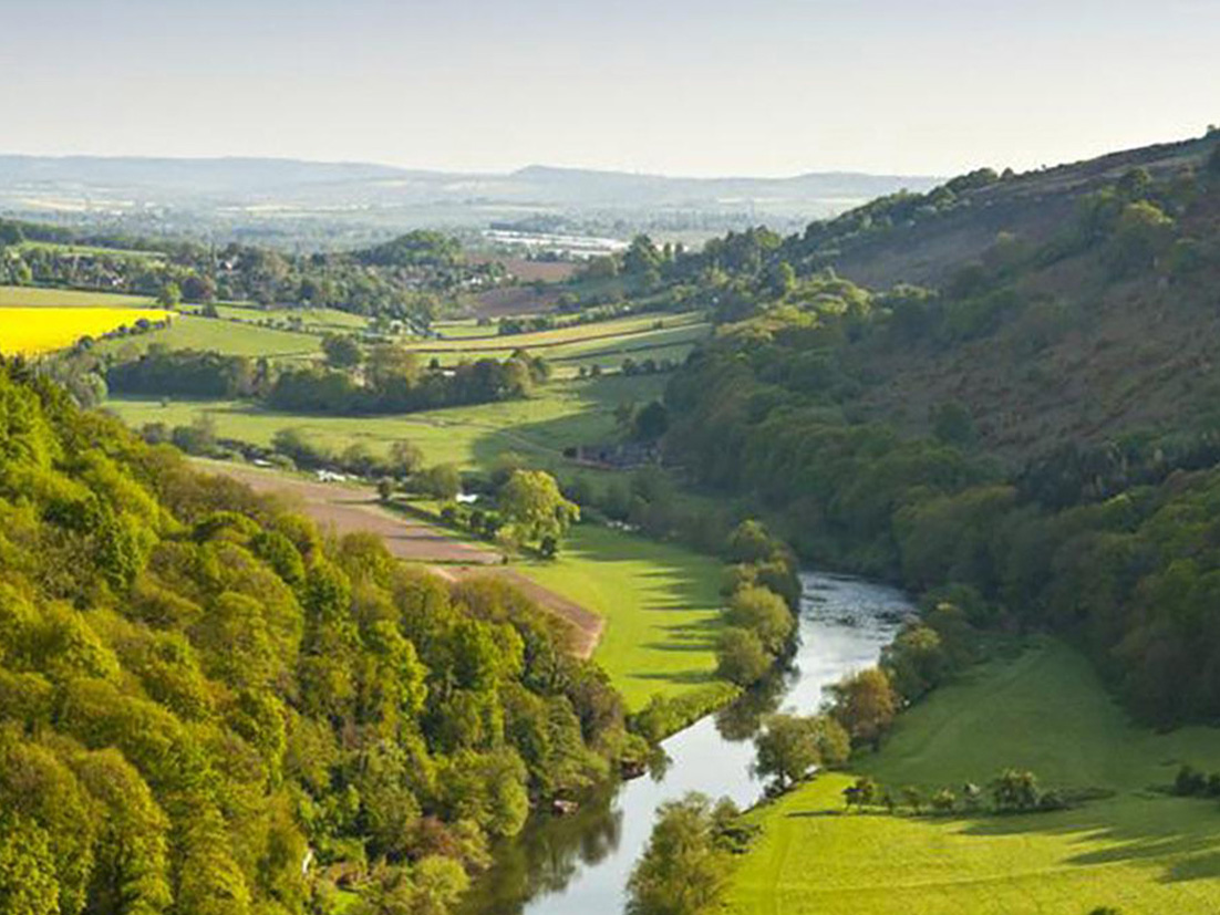 Open view of a natural landscape with woods, open fields and a river