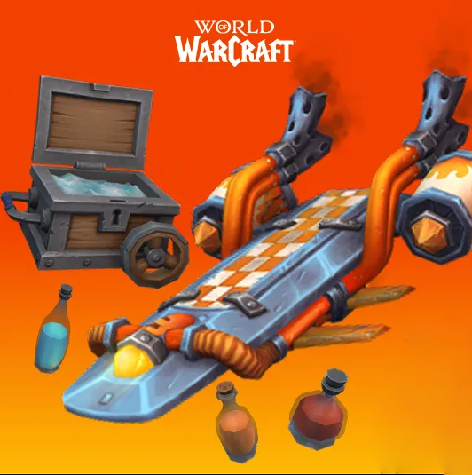 Το skateboard Fantastical Goblin Waveshredder, ένα Dyeable Bottle και ένα Sturdy Portable Ice Chest σε πορτοκαλί φόντο κάτω από το λογότυπο του World of Warcraft.