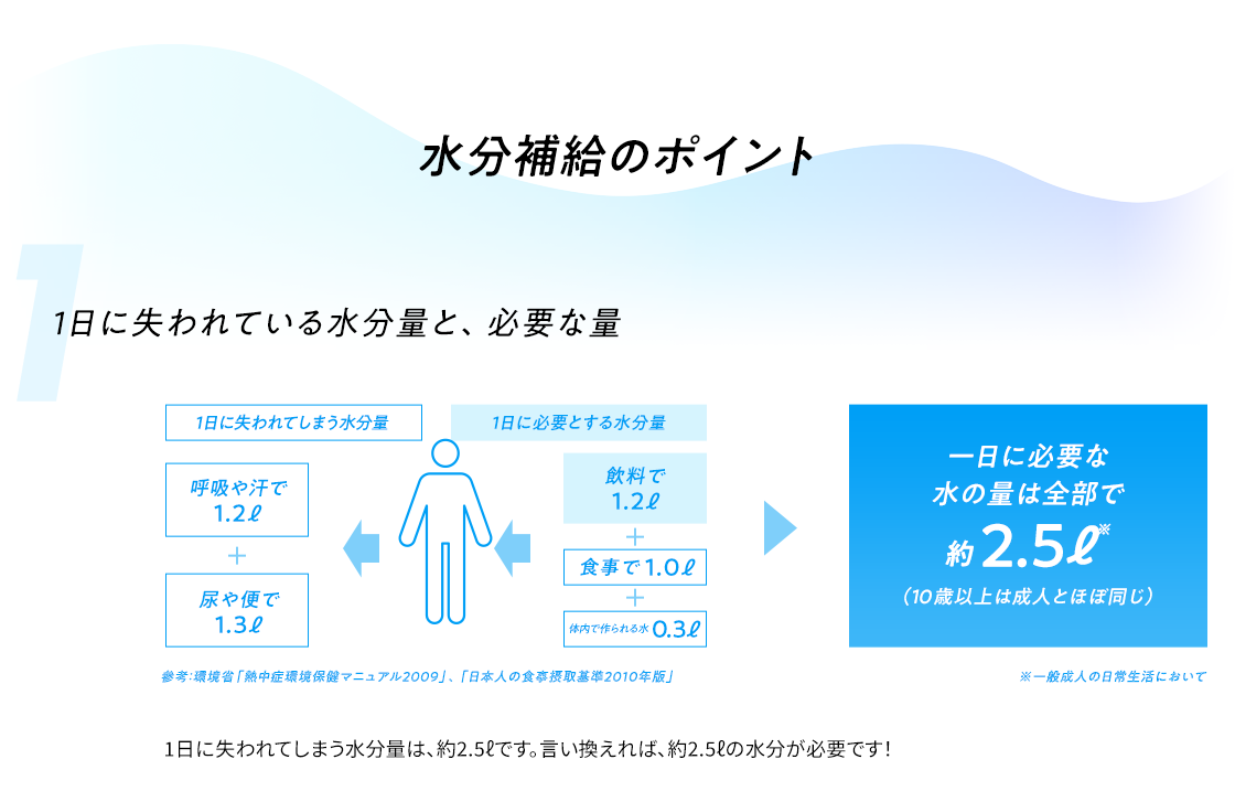 水分補給のポイント 1日に失われている水分量と、必要な量  1日に失われてしまう水分量 呼吸や汗で1.2ℓ +尿や便で1.3ℓ 1日に必要とする水分量 飲料で1.2ℓ＋食事で1.0ℓ＋体内で作られる水0.3ℓ  一日に必要な水の量は全部で約2.5ℓ(10歳以上は成人とほぼ同じ)