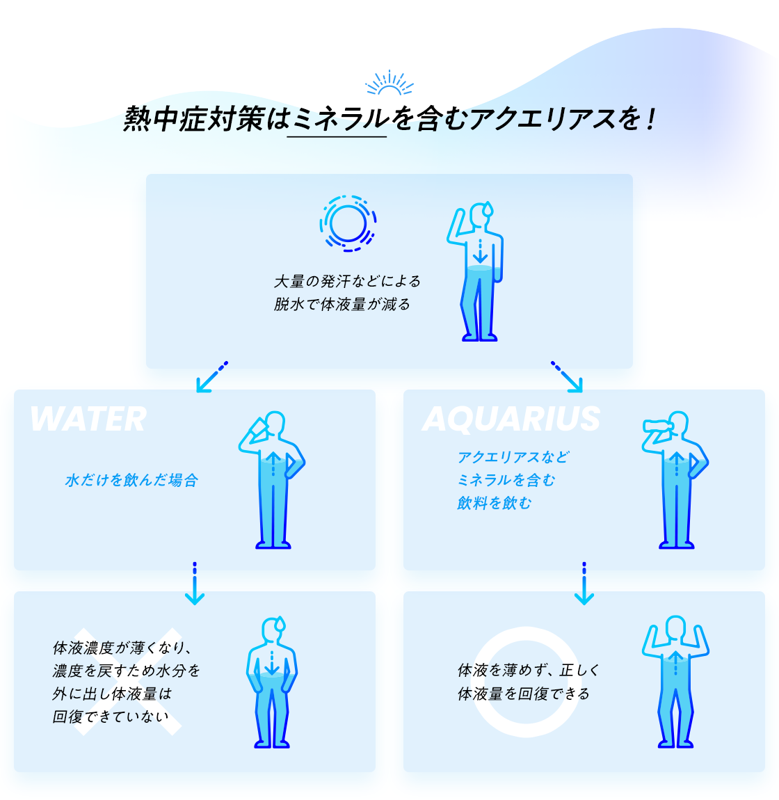 熱中症対策はミネラルを含むアクエリアスを！  大量の発汗などによる 脱水で体液量が減る 水だけを飲んだ場合体液濃度が薄くなり、濃度を戻すため水分を外に出したい液量は回復できていない  アクエリアスなどミネラルを含む飲料を飲む 体液を薄めず、正しく体液量を回復できる