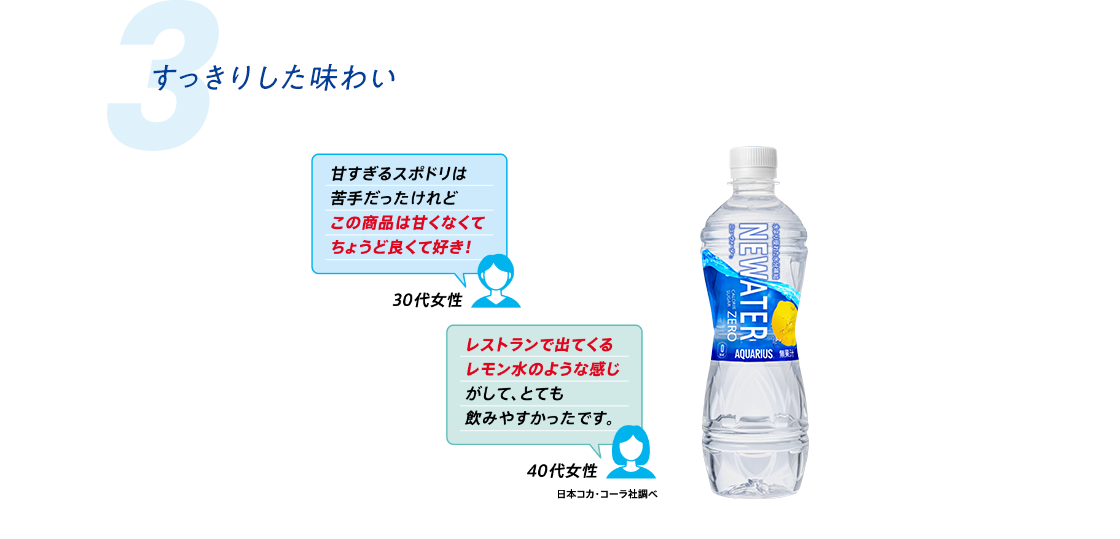 3. すっきりした味わい  甘すぎるスポドリは苦手だったけれどこの商品は甘くなくてちょうどよくて好き！30代女性  レストランで出てくるレモン水のような感じがして、とても飲みやすかったです。 40代女性