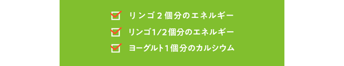 リンゴ2個分のエネルギー、リンゴ1/2個分のエネルギー、ヨーグルト1個分のエネルギー