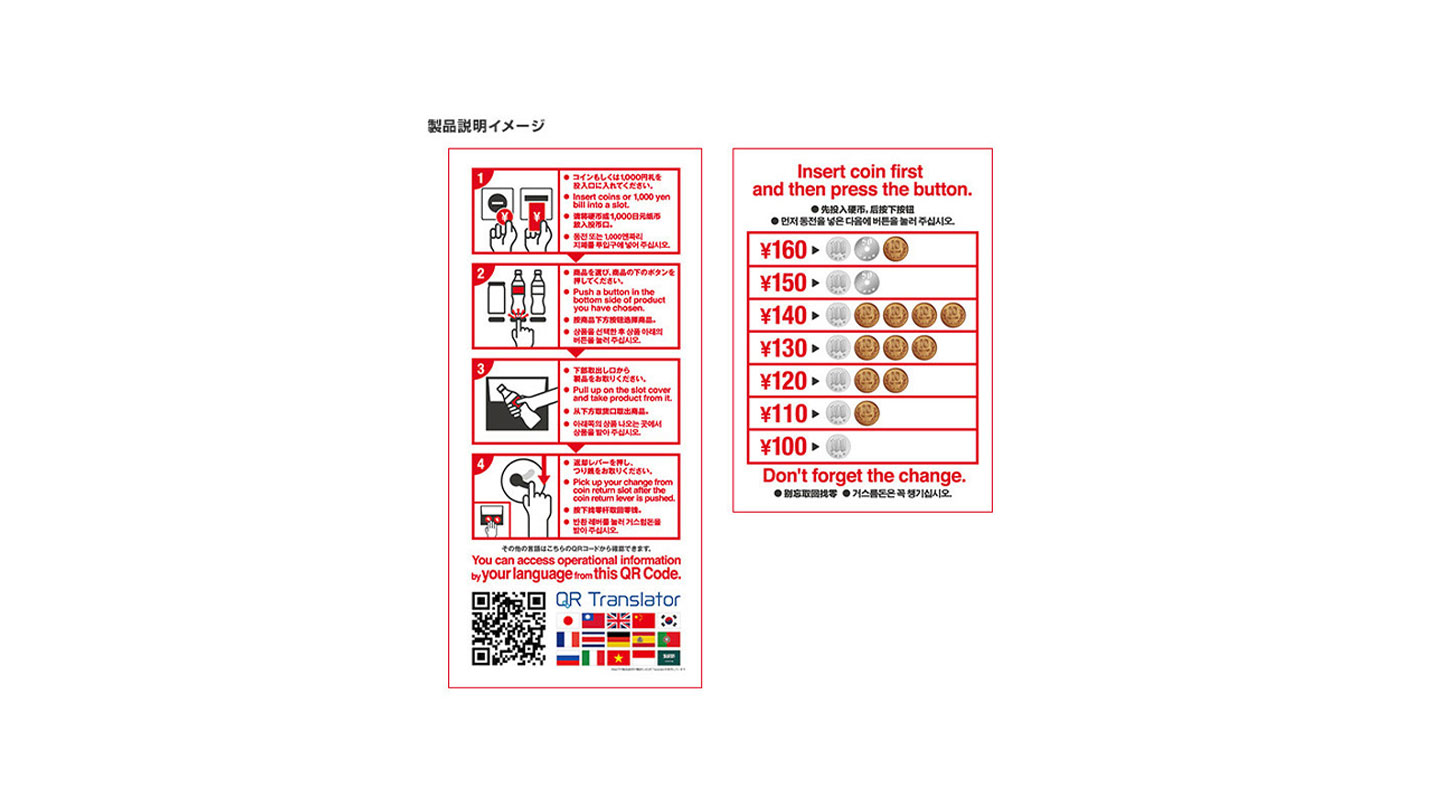 コカ・コーラのドリンクを自動販売機で購入するための多言語ガイド