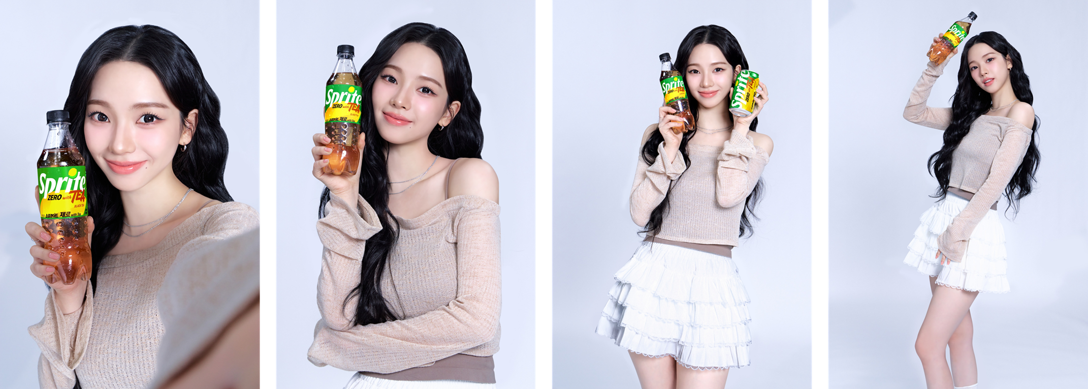 스프라이트 제로 위드 티 모델 카리나가 500ml PET 제품과 350ml 캔 제품을 들고 다양한 포즈를 취하는 이미지