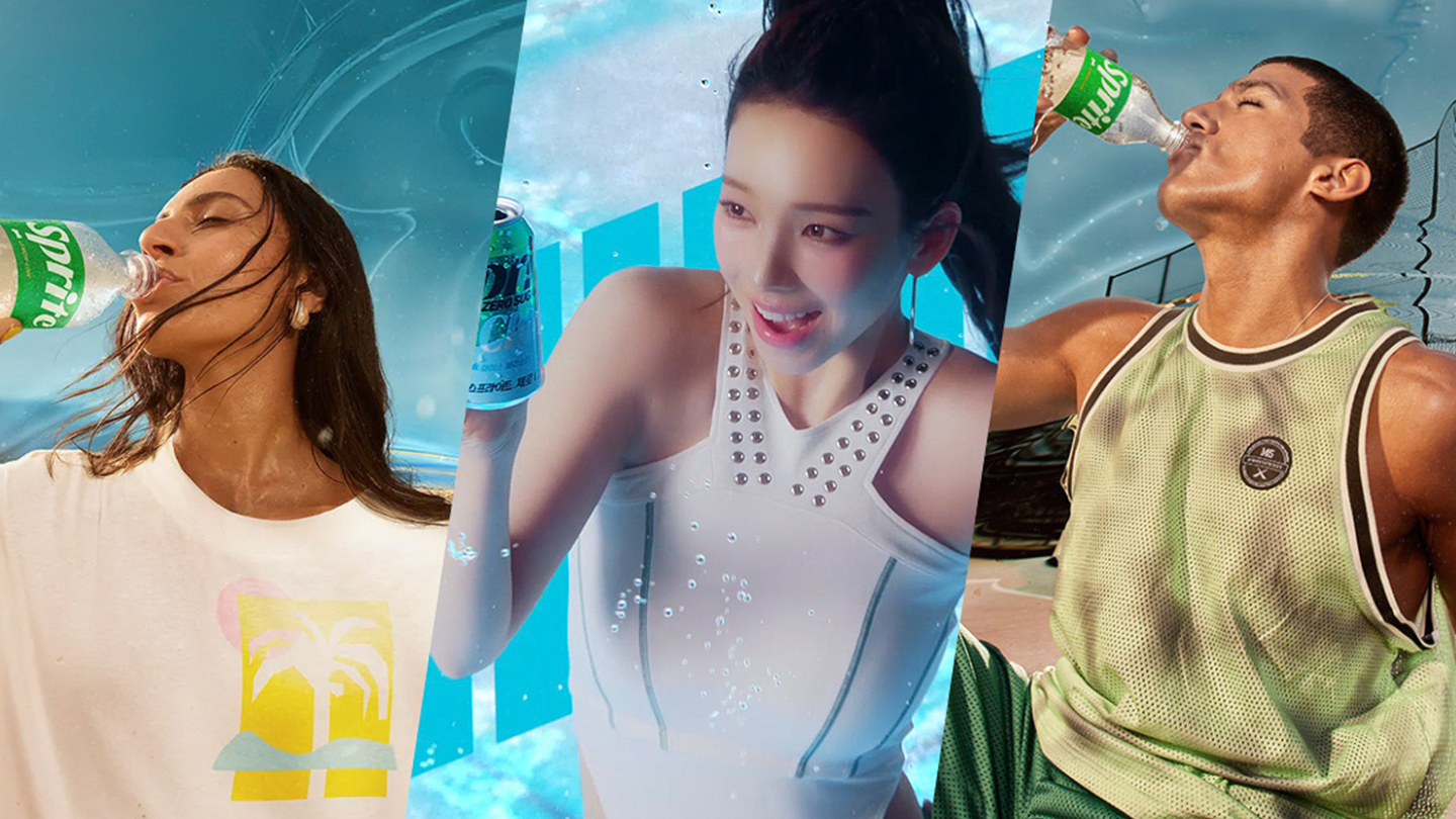 시대를 대표하는 젊음의 아이콘으로, 일상 속에서 스프라이트를 마시며 상쾌한 순간을 즐기는 광고 이미지