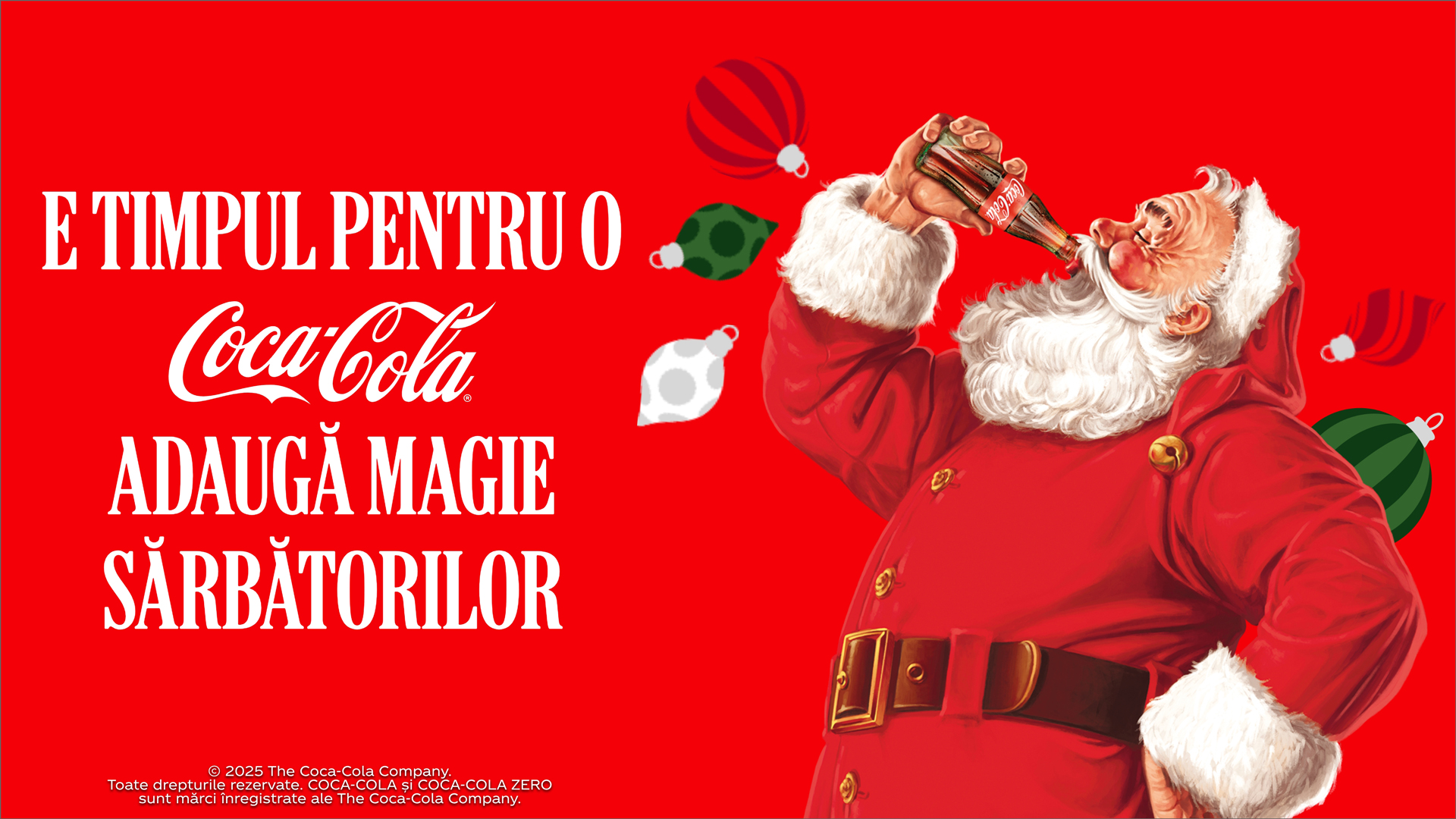 Desen cu Santa care bea dintr-o sticlă de Coca-Cola, pe un fundal rosu cu globuri
