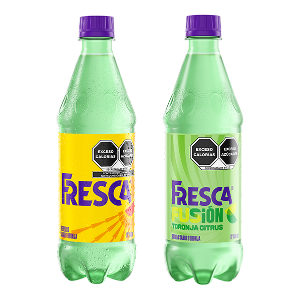 botellas de fresca, una sabor fusión y una sabor toronja