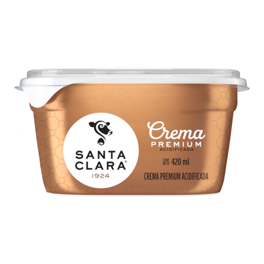 Crema Premium Santa Clara en un envase de color bronce de 420 ml, con marca blanca y el año '1924'.
