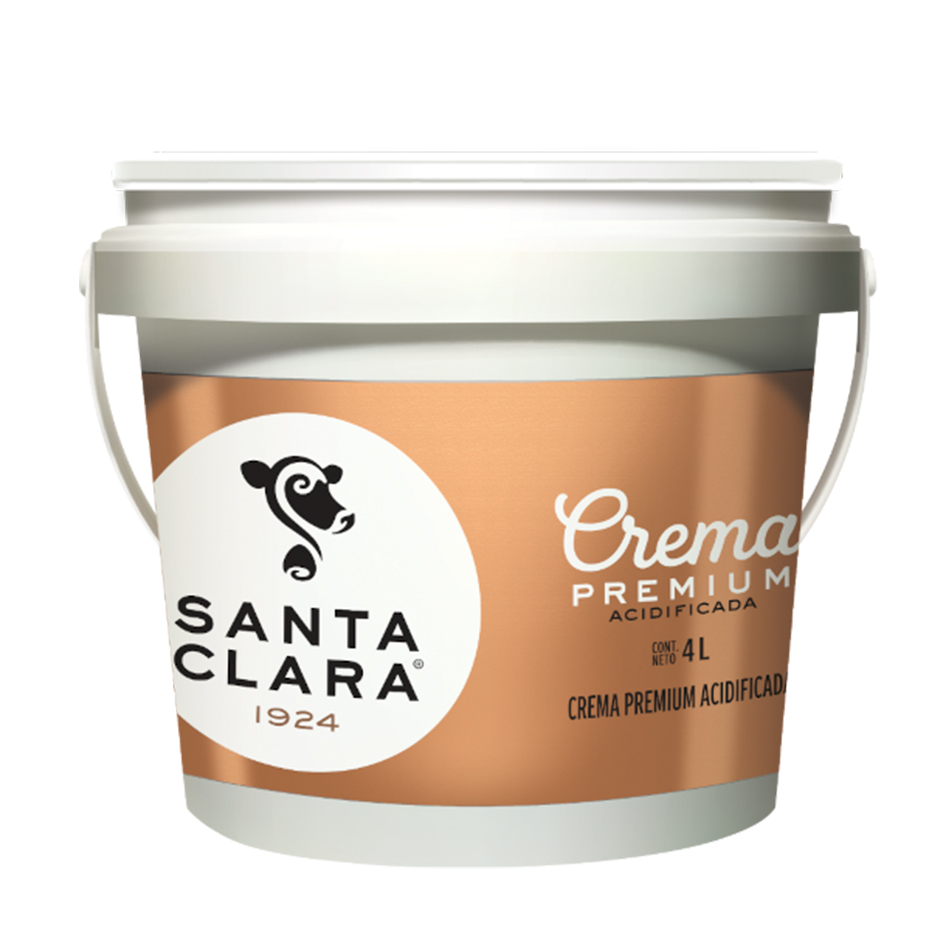 Crema Premium Santa Clara en un envase de color bronce de 4L, con marca blanca y el año '1924'.