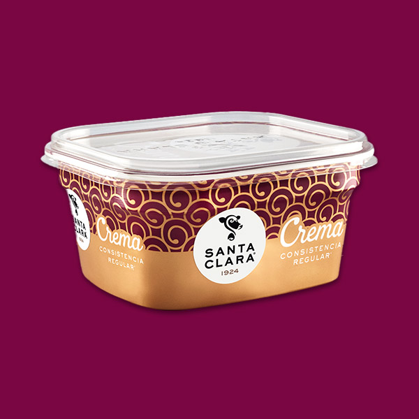 Crema consistencia regular marca Santa Clara en color cobre, con un logotipo minimalista y el año '1924'.
