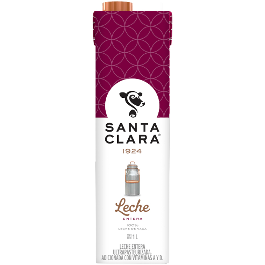 Empaque de Leche Entera Santa Clara 100% pura de vaca de 1 litro.