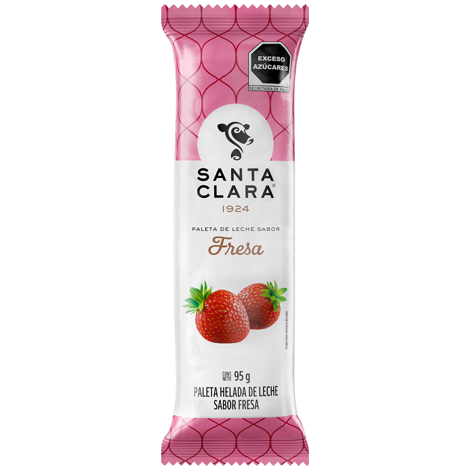 Paleta Santa Clara de leche sabor Fresa en su empaque color fresa y con imagen de dos fresas al centro