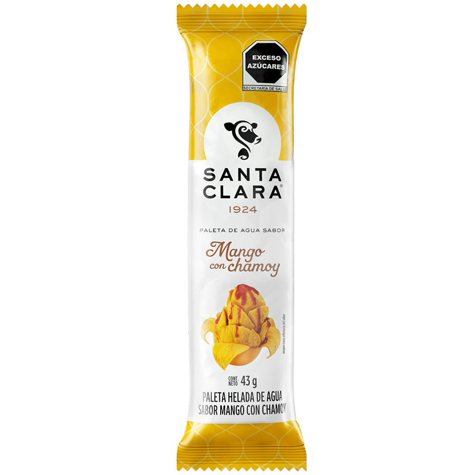 Paleta de agua Santa Clara sabor Mango con Chamoy con una imagen de un mango cubierto de líquido de chamoy.