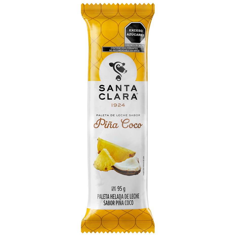 Paleta Santa Clara sabor Piña Coco en su empaque con imágenes de trozos de piña y coco