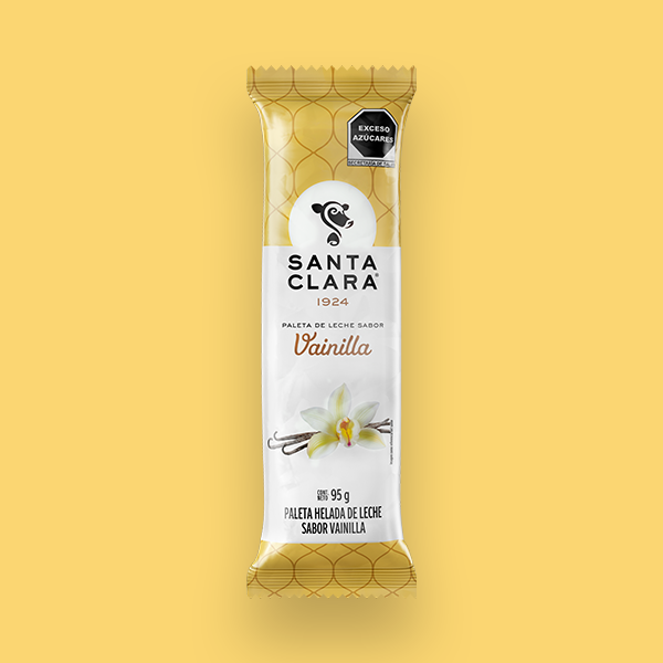 Paleta de Vainilla Santa Clara en su empaque color vainilla y con una imagen de una flor de vainilla