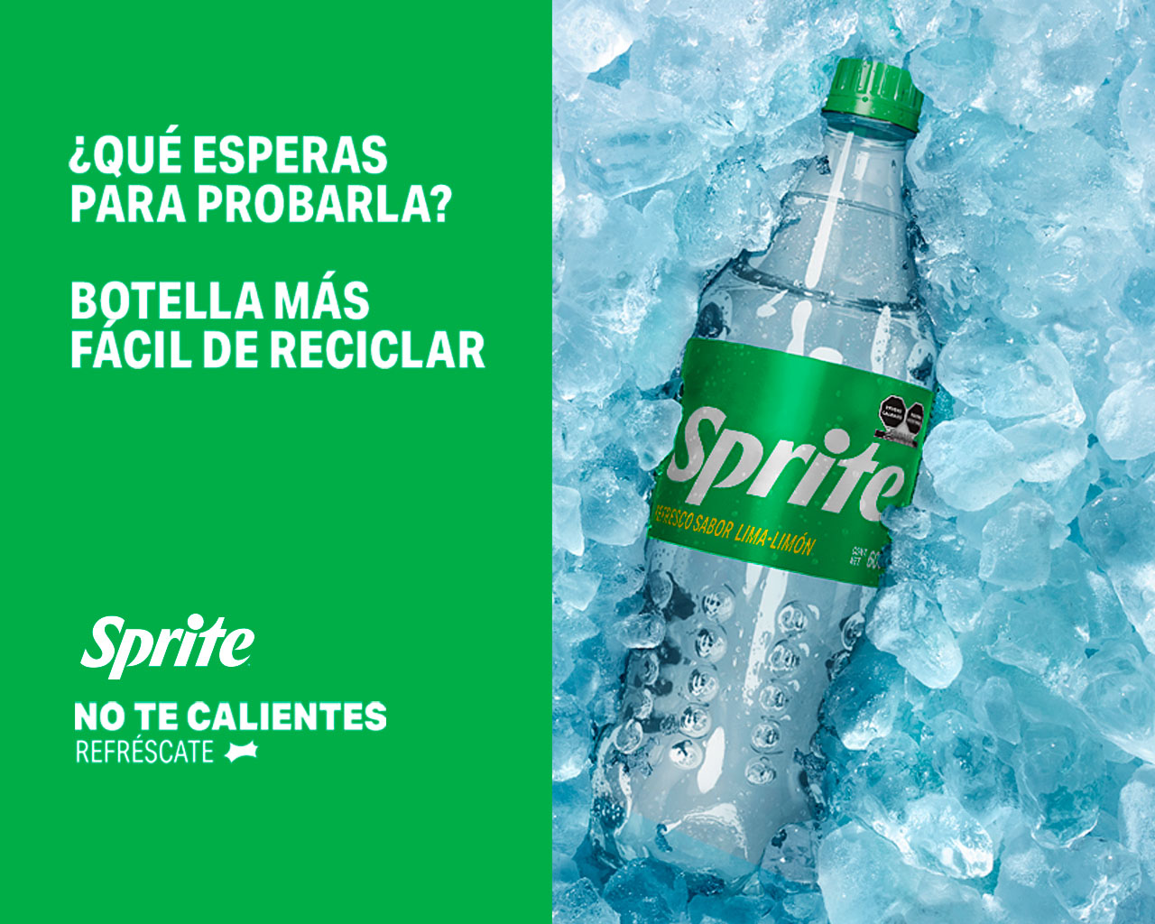 Nueva botella 500 cc Sprite sabor lima limón original sobre hielos. Texto: Botella más fácil de reciclar.