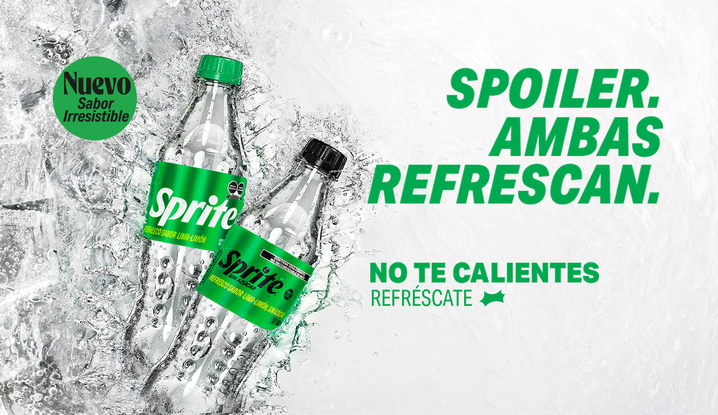 Botellas 500 cc Sprite nuevo sabor lima limón original y sin azúcar. Texto: Spoiler ambas refrescan.