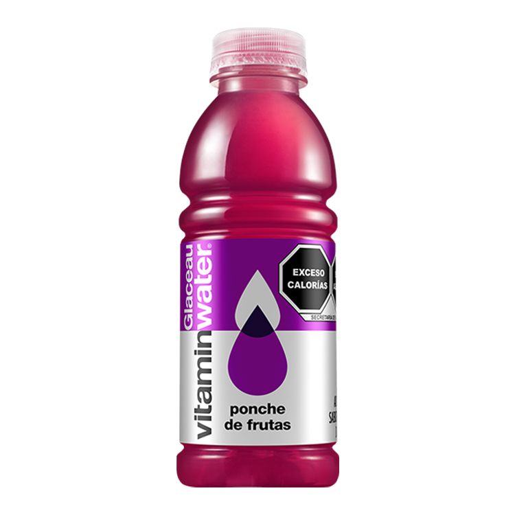 Una botella de plástico de Ponche de frutas Vitamin Water