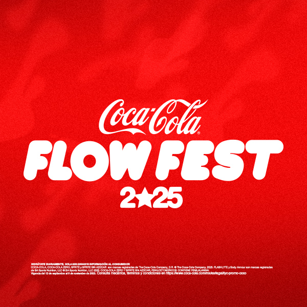 En el centro, en letras blancas y grandes, se destaca el logo de Coca-Cola en la parte superior, seguido de "FLOW FEST". En la parte inferior de la imagen, se encuentra el texto legal que detalla la información al consumidor, las marcas registradas (Coca-Cola, Coca-Cola Zero, Sprite, Flashlyte by Bodyarmor), la vigencia de la promoción y un enlace para consultar términos y condiciones.
