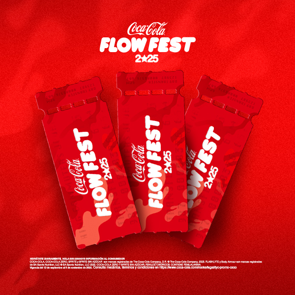 En la parte superior, se lee "Coca-Cola FLOW FEST" en letras blancas y grandes. Debajo, se muestran tres boletos rojos idénticos, ligeramente superpuestos, cada uno con el logo de Coca-Cola y "FLOW FEST" en blanco. En la parte inferior de la imagen, se encuentra el texto legal en español que detalla la información al consumidor, las marcas registradas (Coca-Cola, Coca-Cola Zero, Sprite, Flashlyte by Bodyarmor), la vigencia de la promoción y un enlace para consultar términos y condiciones.