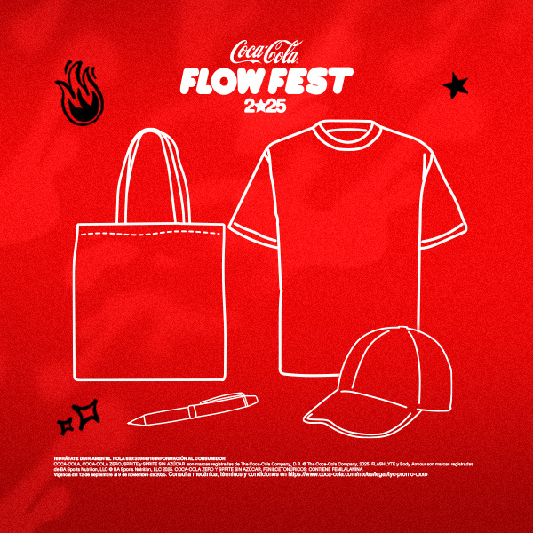 En la parte superior central, se lee "Coca-Cola FLOW FEST" en letras blancas y grandes. Alrededor del texto principal, hay íconos en negro como una llama y una estrella. En el centro de la imagen, se muestran contornos blancos de diversos artículos promocionales: una bolsa de tela (tote bag) a la izquierda, una camiseta a la derecha, un bolígrafo en la parte inferior izquierda y una gorra en la parte inferior derecha. En la parte inferior de la imagen, se encuentra el texto legal que detalla la información al consumidor, las marcas registradas (Coca-Cola, Coca-Cola Zero, Sprite, Flashlyte by Bodyarmor), la vigencia de la promoción y un enlace para consultar términos y condiciones.