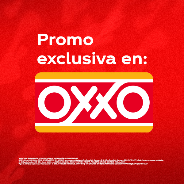 En la parte superior, en letras blancas grandes, se lee "Promo exclusiva en:". Debajo, en el centro de la imagen, se destaca el logo de OXXO. En la parte inferior de la imagen, se encuentra el texto legal que detalla la información al consumidor, las marcas registradas (Coca-Cola, Coca-Cola Zero, Sprite, Flashlyte by Bodyarmor), la vigencia de la promoción y un enlace para consultar términos y condiciones.