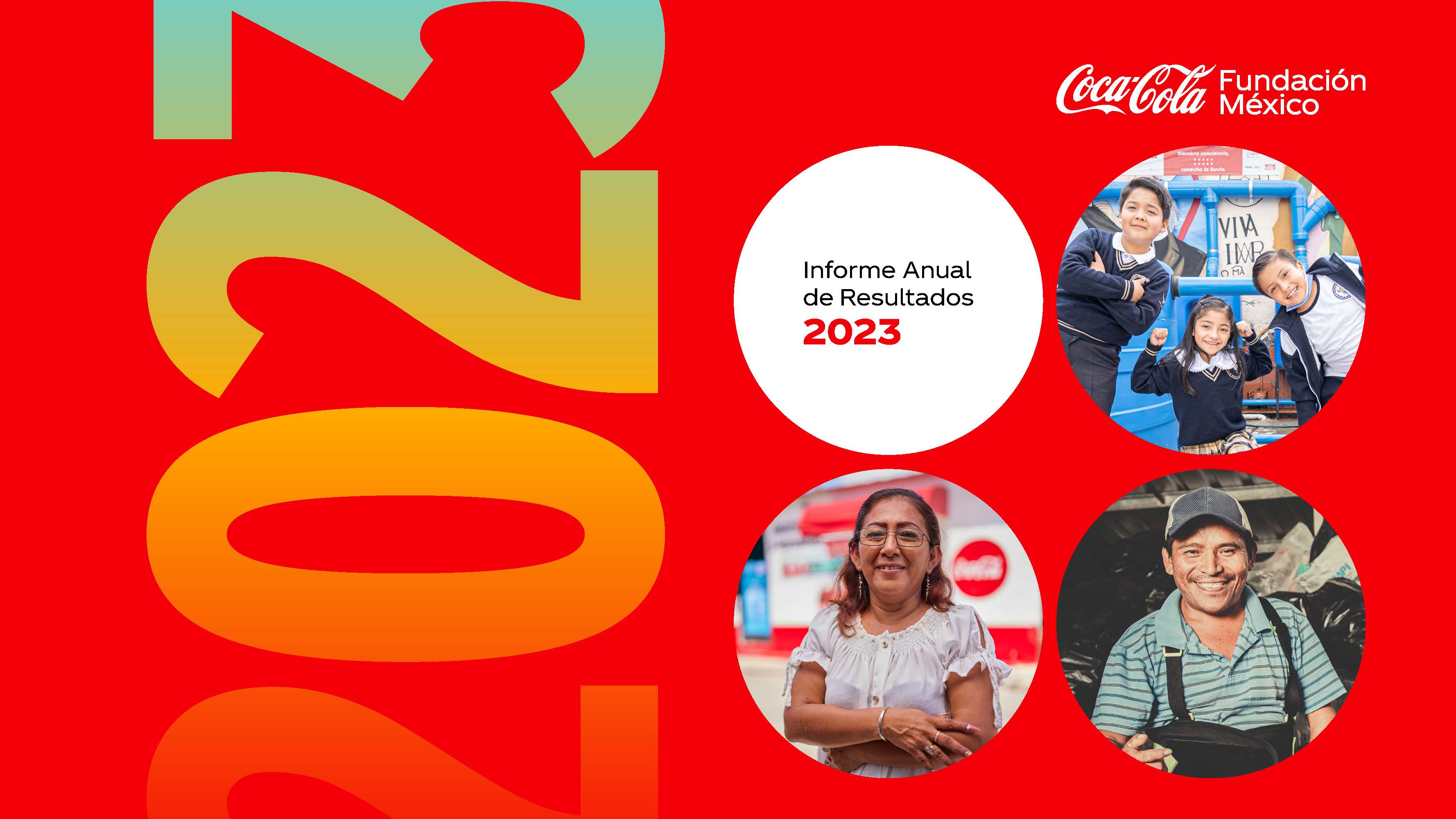 Imagen de fondo rojo con imagenes sobre el informe 2023