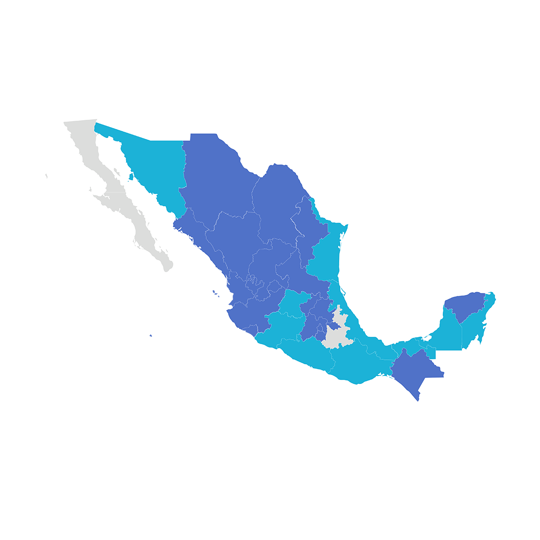 Imagen del mapa de México con estados pintados de azul y otros de celeste.