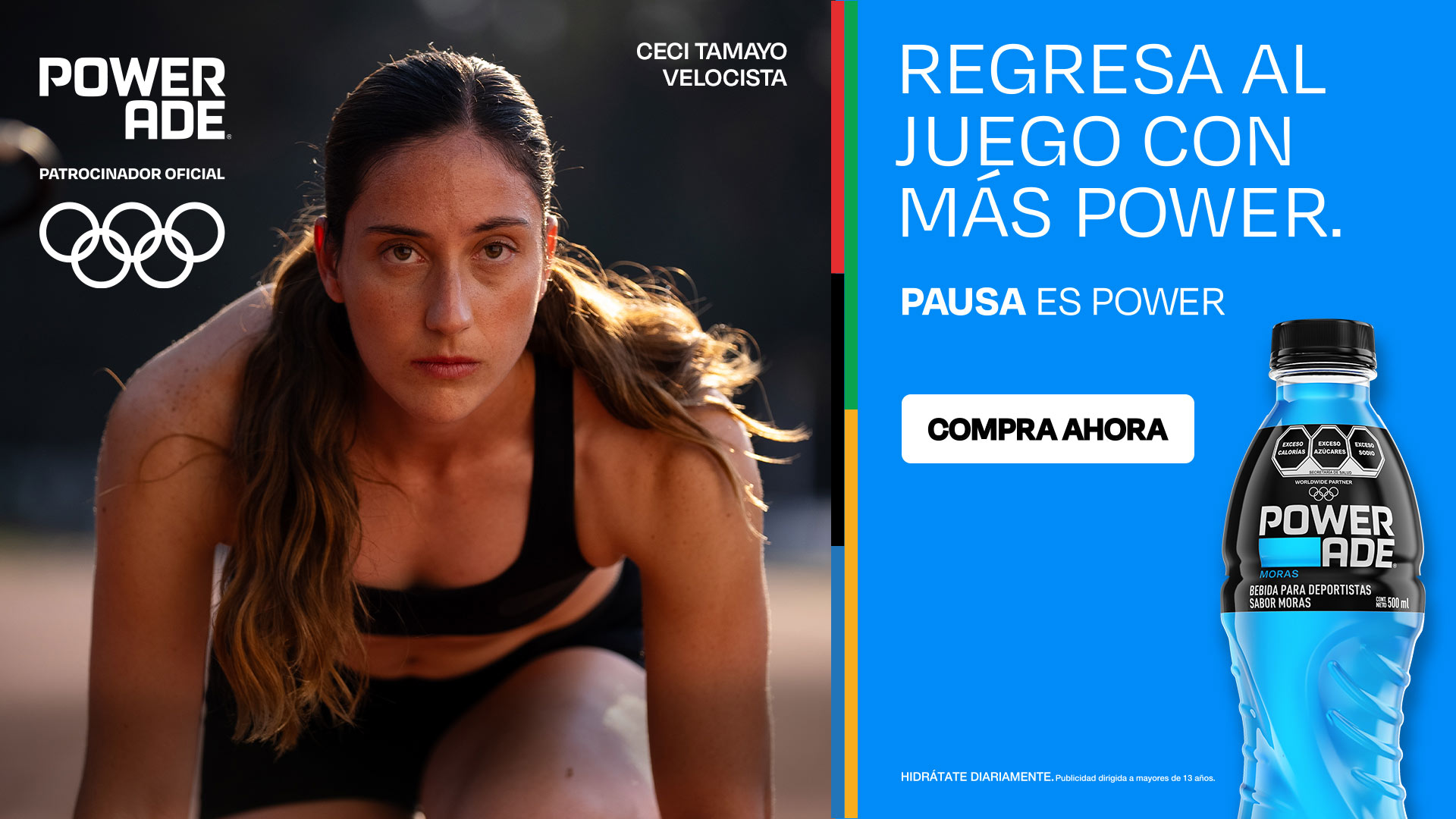 Mujer preparada para correr, con los anillos de los juegos olimpicos en la esquina superior izquieda. Botella de Powerade a un costado.