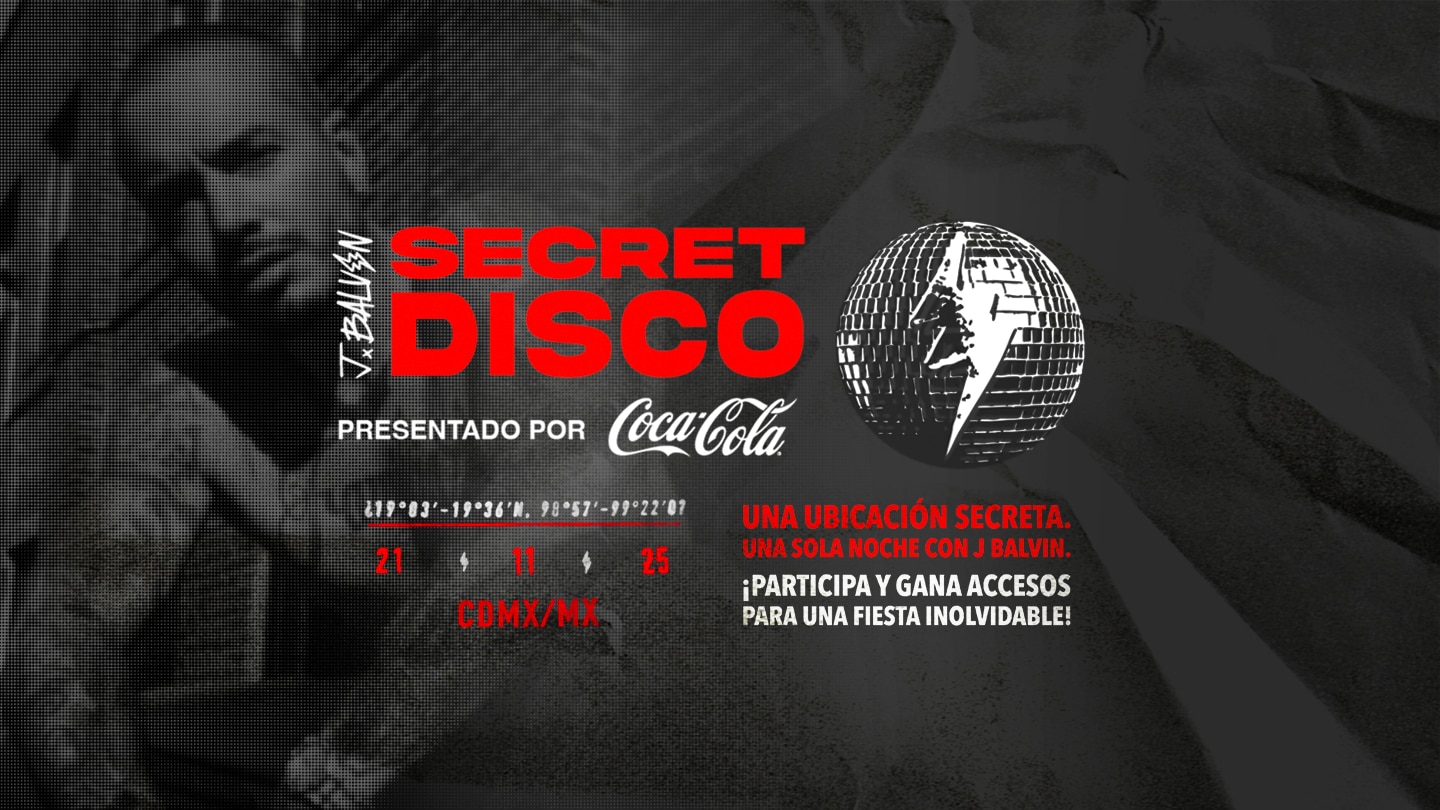 Cartel oscuro de "Secret Disco" presentado por Coca-Cola, con J. Balvin. Anuncia un evento secreto el 21 de noviembre de 2025 en CDMX/MX, invitando a ganar accesos.
