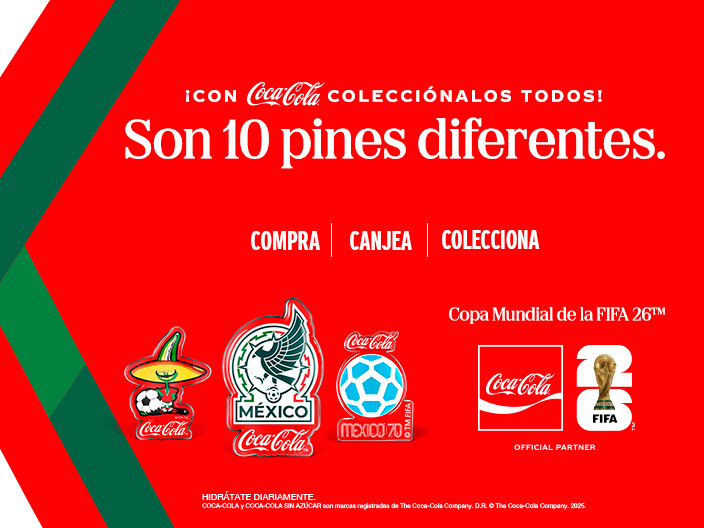 Colección de 10 pines de Coca-Cola de La Copa Mundial de la FIFA 2026™: incluyen la mascota Pique, el escudo de la Selección Mexicana y el logo del Mundial México 70.