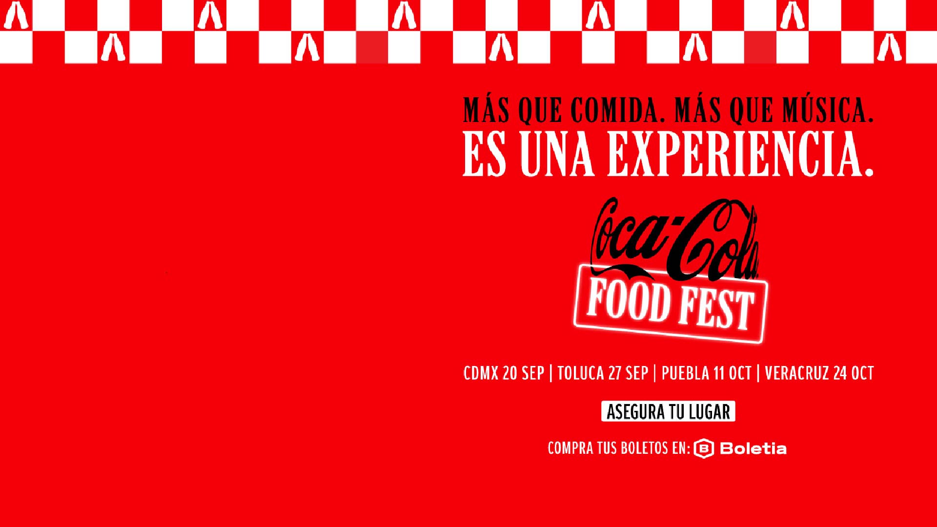 Banner rojo de Coca-Cola Food Fest con el texto “Más que comida. Más que música. Es una experiencia” y fechas: CDMX 20 sep, Toluca 27 sep, Puebla 11 oct, Veracruz 24 oct.